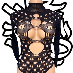 May include: Black mesh bodysuit with a high neck and cutouts throughout the torso. The bodysuit has a fitted silhouette and a stretchy fabric.