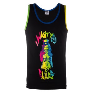 May include: Black tank top with a colorful graphic print of a woman wearing a hat and a bikini. The text "I WANT YOU TO PLUR" is printed on the shirt.