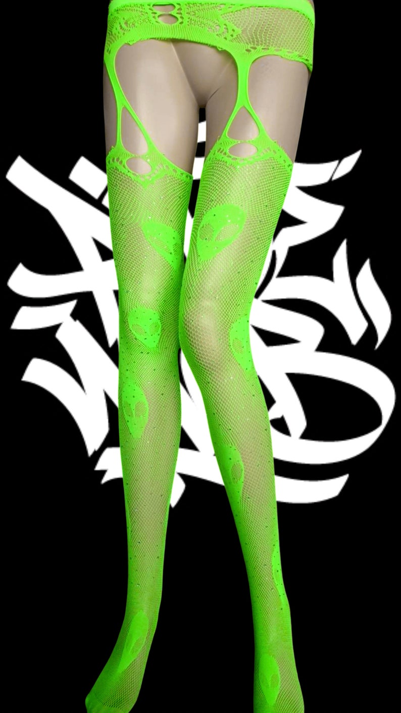 Alien Head Neon Built In Fabric Garter Crystal Thigh High Stockings by Rage Mob™ Clothing image 6