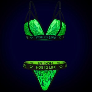 Rage Mob™ Clothing Presents: HOE IS LIFE Neon Green Lace Bra and Thong Set