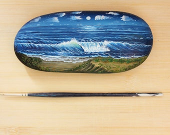 Valentine gifts for him,Beautiful Ocean painting,awesome painted stone,wave painting,moonlight beach painting,seascape, stone painting