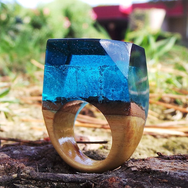 Real kako wood ring epoxy resin, Important ring with two layers of blue color, Unusual unique rings, Design ring women, Ring women gift girl