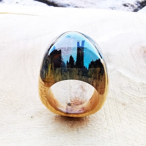Wooden resin rings, Epoxy wood ring, Wood and resin, Resin wood rings, Dark city ring, Resin wood ring, Art of wood, Tree ring