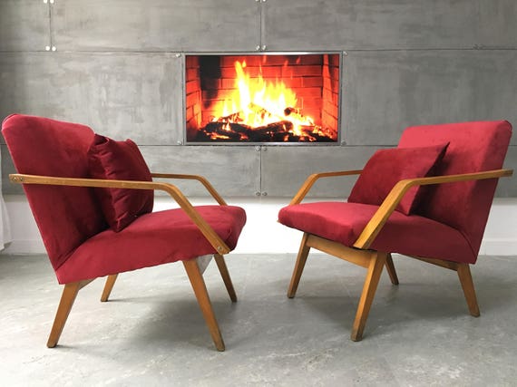 Vintage Retro Design Red Velvet Art Deco Bentwood Armchairs Etsy