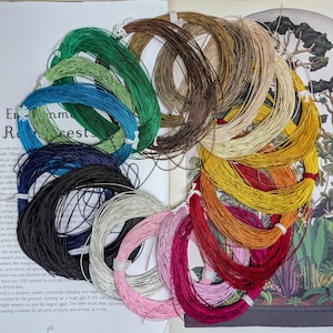 May include: A collection of colorful wire spools arranged in a circular pattern on an open book. The wires are in various colors, including green, blue, black, pink, and brown. The book has illustrations of a rainforest and text that reads "Environment Rainforest".