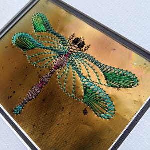 Dragonfly (Anisoptera) Blue & Green- Artwork- Hand Embroidery on Recycled Aluminium- Insect piece-  Gold Art