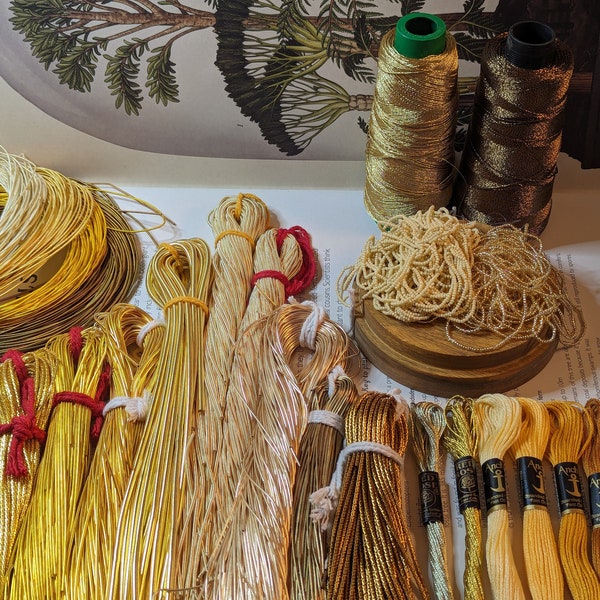 Large kit- yellow gold- materials- goldwork- embroidery wire- Purl- Bead- Silks, French Wire, Bullion Thread