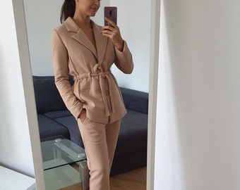 Soring suit Cozy Two piece suit Long sleeve suit for women Blazer Trousers Pants Beige Elegant suit Women Prom suit set Formal Belt suit