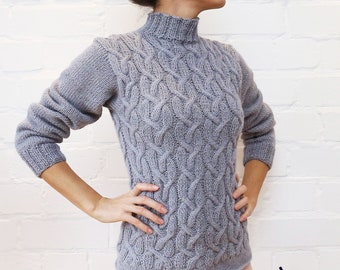 Grey Sweater for Women Vintage Braids sweater Knit Pattern alpaca pullover Chunky jumper Elegant jersey