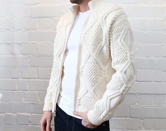 Mens sweater Knit Wool White Sweater Cardigan Pattern Turtleneck Merino wool Knitted sweater Jersey Chunky sweater Jumper fathers day gifts