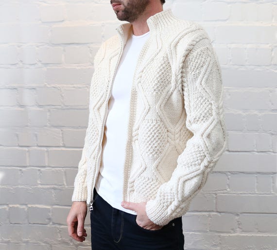 Mens white top cable knit sweater