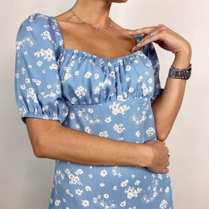 Petite blue Floral Puffed-Sleeve dress half sleeve summer dress Milkmaid dress Mini dress Cottagecore dress Cocktail dress Lightblue dress