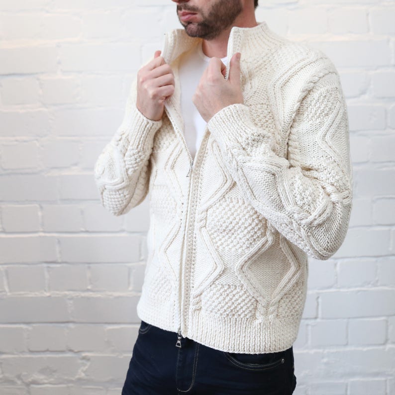 Mens sweater Knit Wool White Sweater Cardigan Pattern Turtleneck Merino wool Knitted sweater Jersey Chunky sweater Jumper fathers day gifts image 2