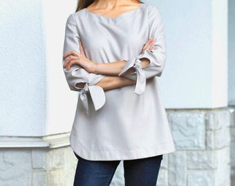 Cotton blouse Tunic for women Gray Top T shirt Elegant tunic for wedding guest Party tunic Long Top Minimalist Casual Women apparel