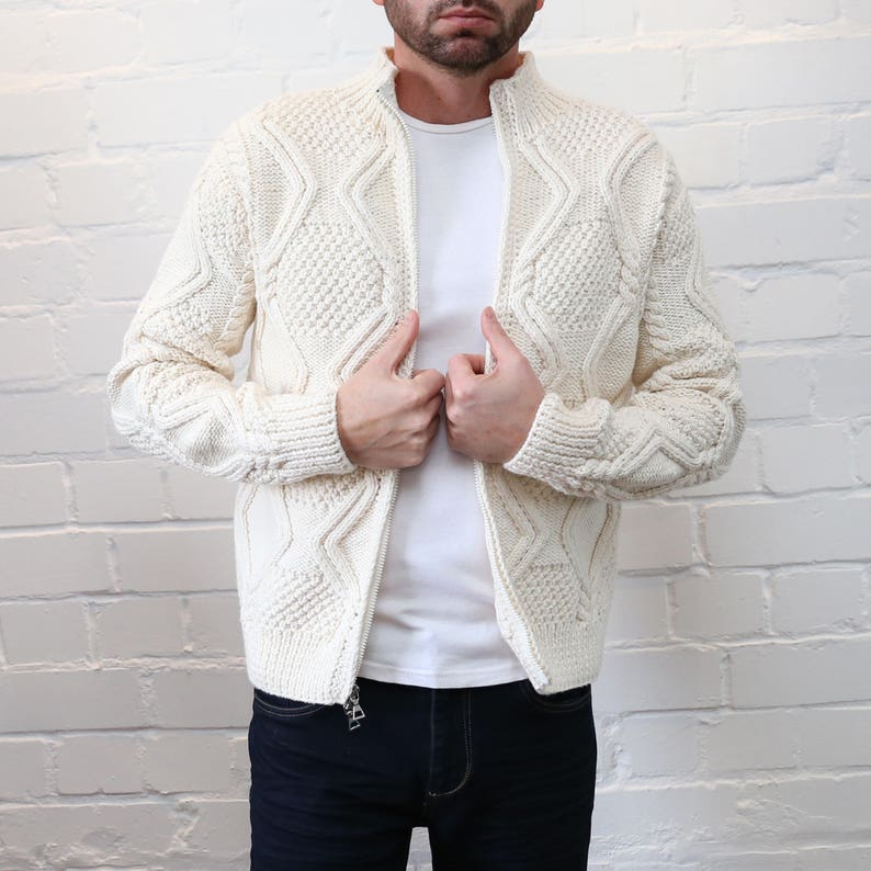 Mens sweater Knit Wool White Sweater Cardigan Pattern Turtleneck Merino wool Knitted sweater Jersey Chunky sweater Jumper fathers day gifts image 5