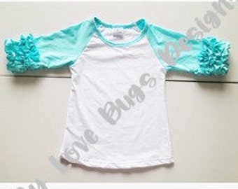 Girls Aqua Blue Ruffle Raglan Shirts- Monogramable Shirts