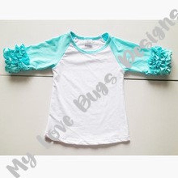 Girls Aqua Blue Ruffle Raglan Shirts- Monogramable Shirts