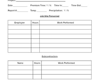 May include: A blank daily job report form with sections for project details, job site personnel, subcontractors, and notes.