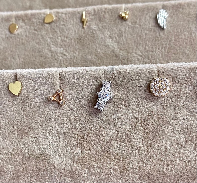 Stud Earring Gold Stud Piercing Ear Stud Piercing Stud Ear Piercing Minimalist Tragus Piercing 14K Solid Gold Triple Stone Piercing