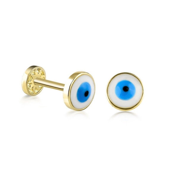  Greek Products : Greek Gold Jewelry : 14k Gold Post  Earrings w/ Evil Eye (6mm)