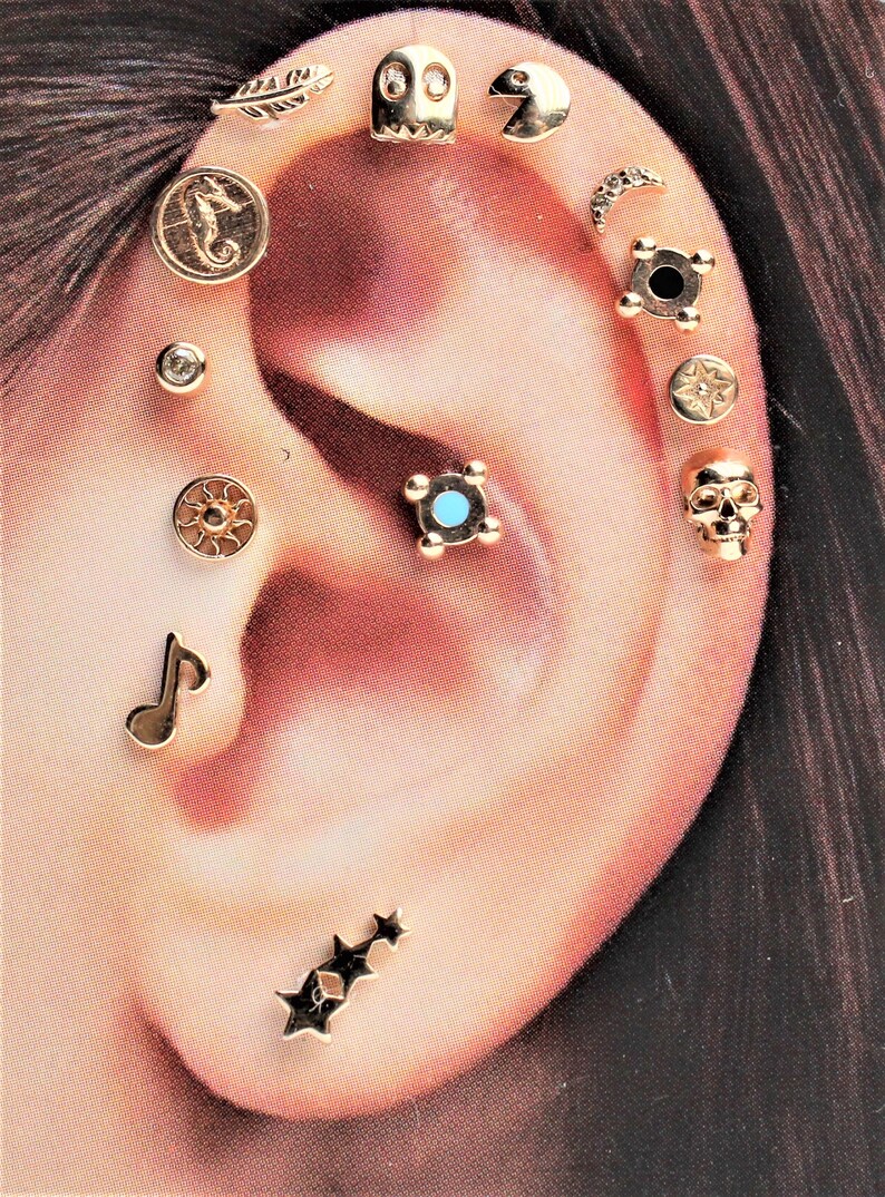 14K Solid Gold Skull Piercing Minimalist Tragus Piercing Etsy