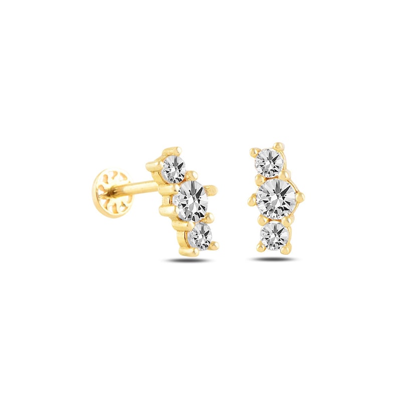 Stud Earring Gold Stud Piercing Ear Stud Piercing Stud Ear Piercing Minimalist Tragus Piercing 14K Solid Gold Triple Stone Piercing