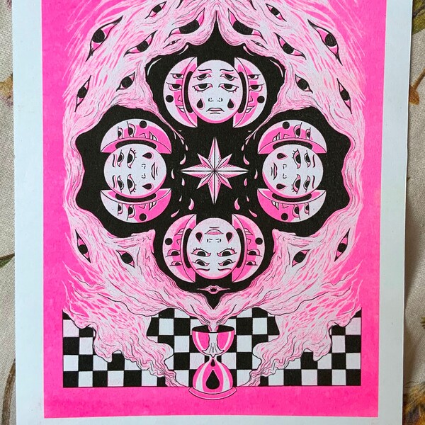 A5 'Sad Moon' Ricograph Print in FLUO PINK