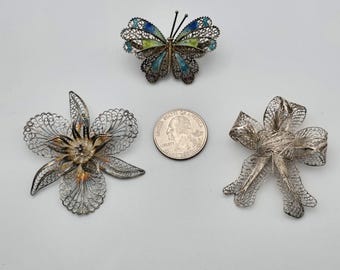 Lot of 3 Vintage Silver Filigree Brooches