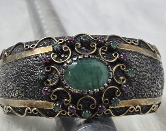 Ottoman Turkish Sterling Silver Emerald Cuff Bracelet Heavy