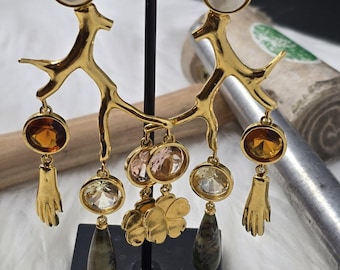 Lizzie Fortunato Branch Chandelier Earrings Crystal Gold