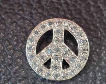 14k White Gold Sapphire Pave Peace Sign Pendant Charm 1.1g