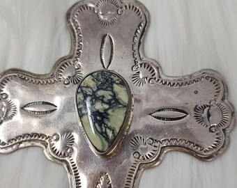 Navajo Tommy Sterling 925 Green Spiderweb Turquoise Cross