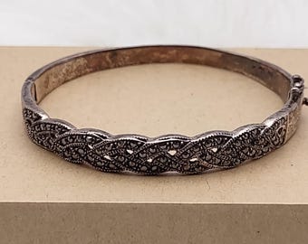 Bracelet jonc vintage en argent sterling et marcassite tressée, 20 g