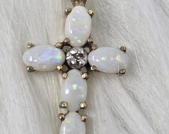 10k Yellow Gold Opal Diamond Cross Pendant 6 Opals Petite
