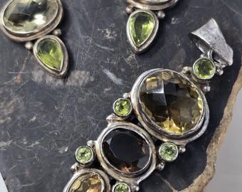 925 Lemon Quartz Smoky Citrine Peridot Pendant Earring Set