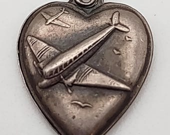 WWII Sterling Silver P-38 Lightning Airplane Heart Pendant