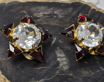 Boucles d'oreilles vintage Schreiner Crystal Star à strass rouges