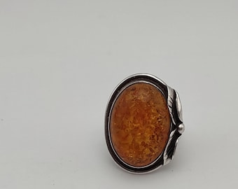 VTG Sterling Silver 10g + Large Oval Baltic Amber Ring Sz 8