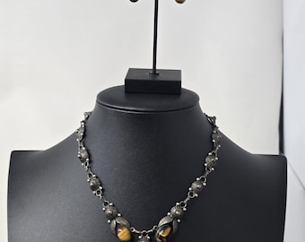 Ensemble collier et boucles d'oreilles vintage en argent sterling œil de tigre, 38 g