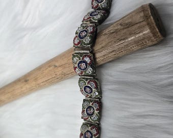 Vintage Italian Micro Mosaic Floral Panel Link Bracelet 7.5"
