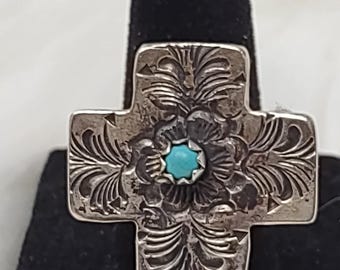 Vintage Barbosa Mexico Sterling Turquoise Cross Ring Sz 8