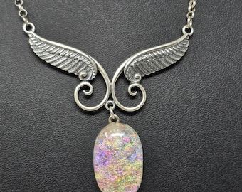 925 Sterling Silver Angel Wing Dichroic Glass Necklace 13g