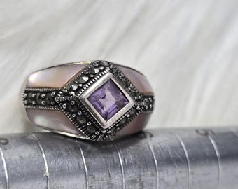 Bague vintage en argent sterling, améthyste et marcassite, taille 8