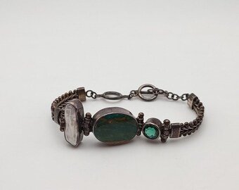 Vintage Artisan Sterling Multi-Gemstone Toggle Bracelet 925