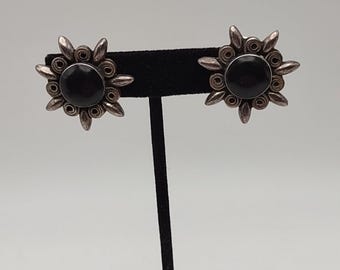 Vintage Taxco Sterling Sunburst Earrings Black Onyx