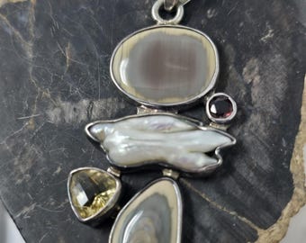 Obsidian Sterling Multi Gemstone Pendant Pearl Garnet 3"