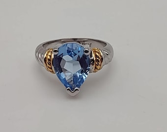 Beta Sterling Blue Topaz Cocktail Ring Size 9 Two Tone