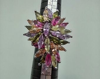 Heavy 925 Sterling Rainbow CZ Cocktail Ring Sz 7 21g