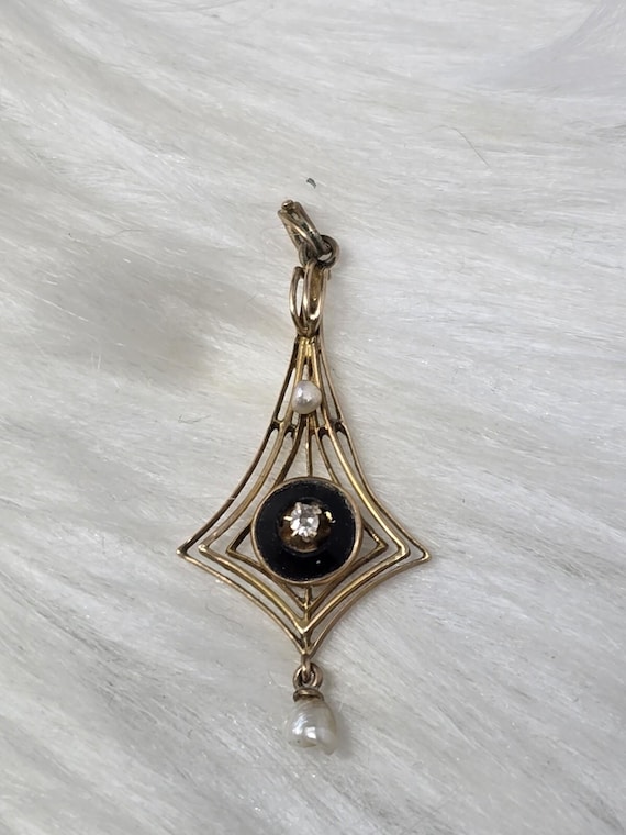 Antique Art Deco 10k Gold Diamond Pearl Lavalier Pendant