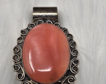 Vintage Taxco Sterling Silver Pendant Coral Cabochon Large